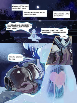 4_panel_comic armor beach black_text dialogue diving_helmet diving_suit duo headgear heart_symbol helmet holding_armor holding_headgear holding_helmet holding_object looking_at_another lying male moon on_back on_lap pink_body question_mark rock sand sea sitting sky tail text translucent translucent_body translucent_tail water white_body rurupo aquatic aquatic_gastropod clione gastropod human humanoid mammal mollusk sea_angel sea_slug slug 2026 absurd_res comic english_text hi_res