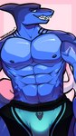 abs anthro biceps biped black_gills blue_body blue_eyes bottomwear clothed clothing fin front_view gills head_fin long_tail looking_at_viewer male multicolored_body muscular muscular_anthro muscular_male navel neck_gills nipples partially_clothed pecs pink_background sharp_teeth simple_background sitting smile smirk solo star_eyes symbol tail teeth text topless underwear vanadiumvalor rogue_fang solar_house neptune_(solar_house) fish humanoid marine shark 2022 4k 9:16 absurd_res digital_media_(artwork) hi_res shaded signature