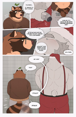 5_panel_comic anthro balls beard big_balls big_penis bodily_fluids bottomwear brown_body brown_fur cheek_tuft clothing dialogue eyewear facial_hair facial_tuft foreskin fur genital_fluids genitals glasses grey_hair hair half-closed_eyes half-erect holidays huge_balls huge_penis humanoid_genitalia humanoid_penis leaf leaf_on_head male markings muscle_tone musclegut muscular muscular_anthro muscular_male narrowed_eyes onomatopoeia open_mouth open_smile pants pecs penis slightly_chubby slightly_chubby_anthro slightly_chubby_male smile sound_effects speech_bubble striped_markings striped_tail stripes suspenders sweater sweatpants tail tail_markings tail_motion tailwag tan_body tan_fur text topwear tuft urine vein veiny_penis white_body white_fur roseonapot christmas toast_(roseonapot) bear canid canine mammal polar_bear raccoon_dog tanuki ursine comic english_text hi_res