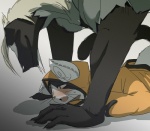 anthro ass_up big_dom_small_sub blush clothed clothing dominant duo from_behind_position interspecies larger_male lying male male/male nude on_front open_mouth raised_tail sex side_view size_difference smaller_male suggestive tail harusuke arc_system_works blazblue jubei_(blazblue) valkenhayn_r._hellsing canid canine canis felid kaka_(blazblue) mammal wolf