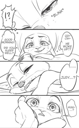 anthro bodily_fluids clothed clothing dialogue duo female fur interrobang male sweat text ailu_h0 disney zootopia judy_hopps nick_wilde canid canine fox lagomorph leporid mammal rabbit red_fox true_fox 2017 comic english_text monochrome