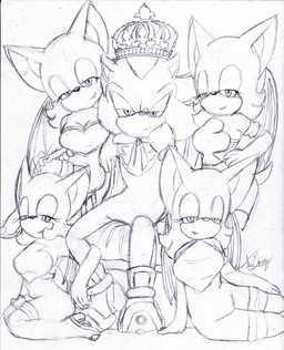 anthro chair clothing crown female furniture group half-closed_eyes harem headgear king male narrowed_eyes royalty simple_background sitting white_background unknown_artist sega sonic_the_hedgehog_(series) rouge_the_bat shadow_the_hedgehog bat eulipotyphlan hedgehog mammal absurd_res hi_res