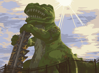 ambiguous_gender chain-link_fence fence green_body low-angle_view open_mouth sign sky solo sun engineface fallout microsoft dinosaur prehistoric_species reptile scalie 2015 aliasing digital_media_(artwork)