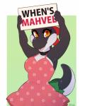 anthro breasts clothing collar dress female holding_object holding_sign looking_at_viewer mahvel ribbons sign simple_background solo strawberryneko mario_bros nintendo fan_character rayoshi black_yoshi yoshi meme