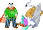 anthro blue_body blue_fur bottomwear brown_body brown_fur cape clothing fur group hat headgear headwear kemono male overweight overweight_male pants sitting white_body white_fur gombee asterix asterix_and_obelix asterix_(character) obelix bear canid canine canis domestic_dog mammal 2003 archived_source