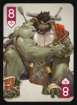 anthro arrow_(weapon) beard biceps black_hair blood blood_from_head bodily_fluids brown_nose card deltoids eight_of_hearts facial_hair facial_piercing fur green_body green_fur hair kneeling knife knife_in_mouth male multicolored_body multicolored_fur nipples nose_piercing nose_ring object_in_mouth on_ground on_one_knee one_eye_closed pecs piercing playing_card ranged_weapon ring_piercing septum_piercing septum_ring solo triceps two_tone_body two_tone_fur vein veiny_muscles weapon white_body white_fur wounded tooboshoo bovid bovine cattle mammal 2021
