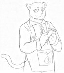 anthro apron clothing collared_shirt male mechanical_pencil notebook pencil_(object) shirt small_eyebrows solo topwear waiter whiskers dynogreeno domestic_cat felid feline felis mammal monochrome traditional_media_(artwork)