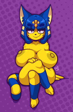 anthro areola arm_tuft bangs bent_legs big_areola big_breasts big_nipples blue_ears blue_hair bob_cut breasts circle_eyebrows clothing crossed_legs dotted_background egyptian egyptian_clothing egyptian_headdress eyebrows female fur hair huge_breasts leg_over_thigh looking_at_viewer markings mouth_closed narrowed_eyes nipples nude pattern_background purple_background shoulder_tuft simple_background smile smirk solo striped_markings striped_tail stripes tail tail_markings thick_eyebrows tuft uraeus yellow_body yellow_face yellow_fur yellow_inner_ear conditional_dnp teckworks animal_crossing nintendo ankha_(animal_crossing) domestic_cat felid feline felis mammal 2021 digital_drawing_(artwork) digital_media_(artwork) full-length_portrait portrait