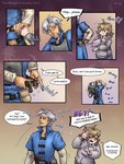 armor belt blonde_hair blue_eyes clothing dialogue duo female hair hoodie male not_furry shaking topwear water white_hair wounded yellow_eyes fanimal_creations the_weight_of_scales drake_(the_weight_of_scales) iris_(the_weight_of_scales) human humanoid mammal comic hi_res