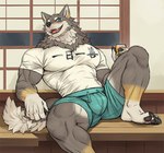 2023 anthro barazoku barefoot beverage beverage_can biceps big_bulge big_muscles bottomwear bulge can canid canine canis claws clothed clothing container eyebrows feet four-character_idiom fur hi_res holding_beverage holding_can holding_container holding_object inside japanese_text kemono looking_at_viewer male mammal muscular muscular_anthro muscular_male ogami_aratsuka open_mouth open_smile pawpads pecs quads rossciaco scar shirt shorts sitting smile solo teeth text text_on_clothing text_on_shirt text_on_topwear thick_thighs tight_clothing tongue topwear tuft vtuber wolf