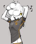 anthro clothed clothing fur grey_background hair hair_over_eye male midriff musical_note musical_symbol one_eye_obstructed raised_clothing raised_shirt raised_topwear shirt simple_background solo symbol topwear white_body white_fur yellow_eyes poogyl samoye_(poogyl) canid canine canis domestic_dog mammal nordic_sled_dog samoyed spitz 2023 hi_res