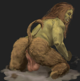 anus balls beard butt facial_hair genitals green_body hair long_hair male nude presenting raised_tail saggy_balls solo tail sundaynoches humanoid hybrid orc satyr hi_res