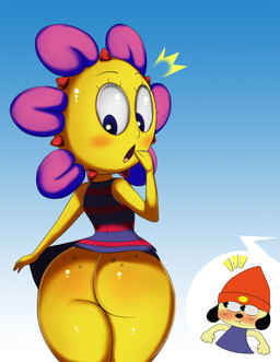 :o accident accidental_exposure anthro beanie big_butt blush butt butt_focus clothed clothing dress duo eyelashes female flower freckled_butt freckles gradient_background hat headgear headwear looking_at_another looking_back male male/female no_underwear not_furry_focus open_mouth pattern_clothing pattern_dress pink_petals plant reaction_shot rear_view shirt short_dress simple_background standing striped_clothing striped_dress stripes surprised topwear voyeur wide_hips yellow_body oddrich sirredbenjamin parappa_the_rapper sony_corporation sony_interactive_entertainment parappa sunny_funny canid canine canis domestic_dog elemental_creature elemental_humanoid flora_fauna flower_creature flower_humanoid humanoid mammal plant_humanoid english_description hi_res portrait shaded three-quarter_portrait