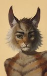 ambiguous_gender anthro cheek_tuft ear_piercing ear_ring eyebrows facial_tuft fur green_eyes looking_away markings multicolored_body multicolored_eyes multicolored_fur orange_eyes piercing ring_piercing solo striped_markings stripes thick_eyebrows tuft two_tone_eyes bra1neater caracal caracal_(genus) felid feline mammal bust_portrait hi_res portrait