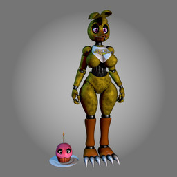 3_toes ambiguous_gender anthro beak bib big_breasts black_eyelids black_eyes breasts candle claws clothing cupcake duo featureless_breasts featureless_crotch feet female food glistening glistening_body grey_background machine non-mammal_breasts orange_beak plate profanity purple_eyes sharp_teeth simple_background standing talons teeth text text_on_clothing thick_thighs toes yellow_body yellow_text octal octal_(modeler) five_nights_at_freddy's scottgames chica_(fnaf) cupcake_(fnaf) animatronic avian bird chicken food_creature galliform living_cupcake phasianid robot robot_anthro 2025 3d_(artwork) digital_media_(artwork) full-length_portrait hi_res portrait