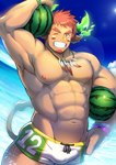 abs blue_sky brown_eyes brown_hair brown_tail bulge clothed clothing cloud detailed_bulge eye_black facial_hair food fruit genital_outline grin hair holding_food holding_fruit holding_melon holding_object holding_watermelon horn lens_flare looking_at_viewer male melon muscular muscular_humanoid muscular_male nipples one_eye_closed pecs penis_outline plant sea sky smile solo sun swimwear tail tail_tuft teeth topless tuft water watermelon wink wristband waku2xwaku2 lifewonders tokyo_afterschool_summoners wakan_tanka_(tas) animal_humanoid bovid bovid_humanoid horned_humanoid humanoid mammal mammal_humanoid tailed_humanoid hi_res