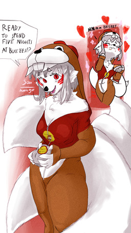 anri_inari anthro brisket_sandwich chibi clothing eating eating_food female looking_at_viewer onesie question solo speech_bubble son_mango buc-ee's fox_spirit absurd_res hi_res
