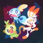 abstract_background group long_ears starter_trio versy nintendo pokemon generation_8_pokemon grookey lagomorph mammal pokemon_(species) primate reptile scalie scorbunny sobble 1:1 2019