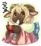 anthro asian_clothing blonde_hair clothing east_asian_clothing eating female food hair holidays japanese_clothing kemono noodles ramen solo text yellow_eyes koishi_chikasa new_year bovid caprine domestic_sheep mammal sheep japanese_text