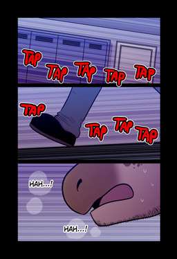 anthro black_clothing black_footwear black_shoes bodily_fluids bottomwear breath brown_body clothing footwear locker male onomatopoeia panting pants running solo sound_effects sweat text t0l0k andrew_(t0l0k) giraffe giraffid mammal comic english_text hi_res
