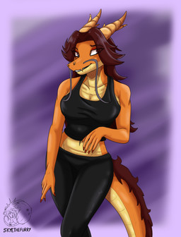 anthro big_breasts breasts brown_eyes brown_hair clothing colored_nails female hair horn nails navel non-mammal_breasts non-mammal_navel orange_body red_nails scales solo ventral_scales allartskye mythology dragon mythological_creature mythological_scalie scalie hi_res