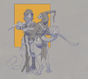 anthro bandage belt butt cellulite clothed clothed_anthro clothed_male clothing digitigrade duo facial_piercing half-closed_eyes hood male medieval melee_weapon narrowed_eyes nose_piercing nose_ring piercing polearm ring_piercing scythe tail weapon flowerdino reptile scalie hi_res monochrome spot_color