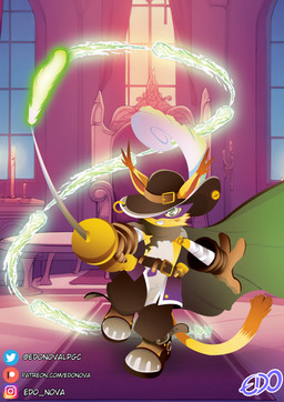 anthro boots cape clothing footwear fur gloves grey_eyes grin handwear hat hat_feather headgear headwear loose_feather male mask melee_weapon rapier shoes smile solo sword weapon yellow_body yellow_fur edonovalpgc bandai_namco digimon digimon_(species) felid feline mammal nyabootmon absurd_res hi_res