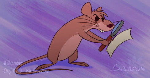 black_eyes buckteeth feral fur holding_magnifying_glass holding_object holding_paper magnifying_glass male mouth_closed nude paper paws smile solo standing tail teeth text whiskers atimon disney kim_possible the_great_mouse_detective basil_(disney) mammal mouse murid murine rodent 2023 signature