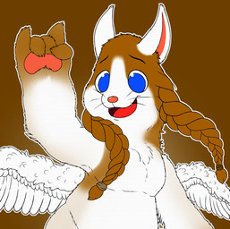 anthro belly big_arms big_belly blue_eyes braided_hair brown_body fur gesture gesturing_at_viewer hair male red_nose simple_background smile solo spread_wings whiskers white_body white_ears white_wings wings fairycatcreation mythology momo_(fcc) dragon furred_dragon furred_scalie mythological_creature mythological_scalie scalie absurd_res hi_res