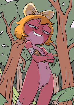 accessory anthro arm_wraps blonde_hair bow_ribbon female flat_chested forest genitals grin hair hair_accessory hair_bow hair_ribbon leg_wraps loli low-angle_view navel nipples nude one_glove pink_body pink_skin plant ribbons smile smug smug_grin solo tree vulva wraps young young_anthro young_female splooge amphibia_(series) disney polly_plantar amphibian frog 2025