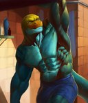 2024 abs anthro big_bulge big_muscles blue_body blue_bottomwear blue_clothing blue_scales blue_shorts bodily_fluids bottomwear bulge clothed clothing collared_lizard common_collared_lizard detailed_background digital_media_(artwork) digital_painting_(artwork) green_eyes hi_res huge_bulge lats_(muscle) lizard looking_back male markings monroe_lehner muscular muscular_anthro muscular_male nightarm obliques orange_body orange_scales pecs public_shower quads raised_arm reptile scales scalie serratus shorts shorts_only solo spots spotted_body spotted_scales striped_body striped_scales stripes sweat sweatdrop sweaty_abs sweaty_pecs topless yellow_body yellow_scales