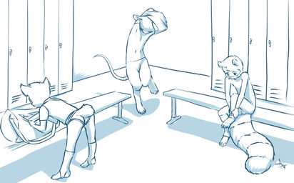 ambiguous_gender anthro balls bench bent_over briefs changing_clothing clothing duffel_bag footwear genitals group legwear locker locker_room male male/ambiguous on_bench sitting socks underwear undressing young young_anthro aogami felid feline lynx mammal mouse murid murine procyonid raccoon rodent 2014 blue_and_white hi_res monochrome