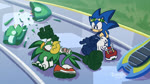 5_fingers accident anthro beak biped blue_body blue_fur clothing duo eyewear eyewear_on_head feathers fingers footwear fur gloves goggles goggles_on_head green_body green_feathers handwear humor male on_model_audio screaming shoes wounded yellow_beak exdweller cartoon_network regular_show sega sonic_riders sonic_the_hedgehog_(series) jet_the_hawk sonic_the_hedgehog accipitrid accipitriform avian bird eulipotyphlan hedgehog mammal 16:9 2023 animated hi_res short_playtime sound webm widescreen