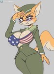 anthro biped blush bodily_fluids bra breasts cleavage clothed clothing female fur gesture grey_background military_uniform orange_body orange_fur salute simple_background solo sweat tan_body underwear uniform cooliehigh sek_studio squirrel_and_hedgehog lt._fox_vixen canid canine fox mammal 2022 hi_res