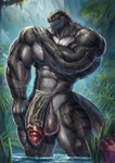 abs anthro balls biceps big_balls big_muscles big_penis bottomwear claws clothing genitals glistening glistening_balls glistening_body glistening_genitalia glistening_muscles glistening_scales grey_body grey_scales huge_balls huge_muscles huge_penis humanoid_genitalia humanoid_penis loincloth male muscular muscular_anthro muscular_male nipples partially_submerged pecs penis quads scales solo striped_body stripes tail teeth vein veiny_muscles veiny_penis yukihoshiak dinosaur prehistoric_species reptile scalie theropod absurd_res hi_res