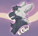 anthro fur green_eyes grey_body grey_fur grin logo male simple_background smile solo teeth text izzyhime bow_(bowhuskers) canid canine canis mammal wolf 2021 artist_logo artist_name english_text headshot_portrait hi_res portrait