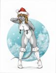 anthro blonde_hair boots breasts chest_tuft clothing eyewear female footwear fur genitals glasses grey_body grey_fur hair hat headgear headwear holidays kissing_bough mistletoe mostly_nude nipple_clamp nipples plant pussy shoes solo tuft white_body white_fur thetiedtigress christmas yvettesouris mammal mouse murid murine rodent