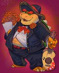 anthro belly bottomwear clothing flower hat headgear headwear holidays humanoid_hands male mariachi mariachi_suit mexican musical_instrument one_eye_closed overweight overweight_male pants plant shirt solo sombrero topwear wink said_the_saisio day_of_the_dead mario_bros nintendo bowser koopa scalie 2021 4:5 hi_res