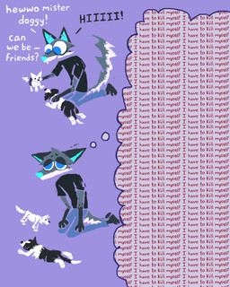 age_regression anthro blue_clothing blue_eyes blue_nose clothed clothing depression intrusive_thoughts leg_markings male markings moody playing plushie roleplay sad simple_background smile socks_(marking) solo suicidal_ideation tail text thought_bubble toy demensa emil_(demensa) canid canine canis coyote mammal 4:5 colored digital_drawing_(artwork) digital_media_(artwork) english_text multiple_scenes
