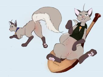 bell bell_collar blush body_blush brown_markings butt clothing collar female feral fur genitals grey_body grey_fur looking_at_viewer markings musical_instrument nipples pawpads paws presenting presenting_hindquarters raised_paw simple_background solo string_instrument topwear vest vulva vulva_blush plumbelly the_fearless_four gwendolyn_(tff) domestic_cat felid feline felis mammal siamese_cat