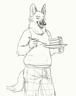 anthro belly bottomwear cake clothed clothing cutlery dessert eating food fork holding_food holding_object kitchen_utensils licking licking_lips looking_down male monotone_background open_mouth pants plate shirt simple_background slightly_chubby slightly_chubby_anthro slightly_chubby_male solo tank_top tongue tongue_out tools topwear white_background cettus canid canine fox mammal 2020 monochrome sketch