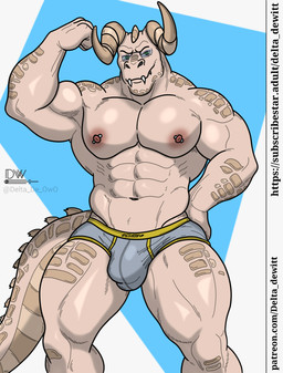 abs anthro areola barbell_piercing biceps big_muscles big_pecs biped briefs bulge claws clothed clothing detailed_bulge eyewear flexing flexing_bicep glasses horn huge_pecs looking_at_viewer male male_anthro muscular muscular_anthro muscular_male nipple_barbell nipple_piercing nipples non-mammal_nipples pecs piercing quads simple_background smile solo tail topless underwear delta_dewitt fallout microsoft daniel_brisco deathclaw reptile scalie digital_media_(artwork) hi_res