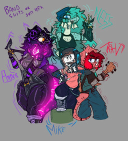 anthro band bass_guitar black_eyes black_hair blue_body blue_eyes blue_hair blue_scales clothed clothing drumming_stick drumstick_(musical) electric_guitar electronics female group guitar guitar_pick hair hair_over_eye headgear headwear male microphone musical_instrument orange_eyes percussion_mallet pink_body pink_scales plucked_string_instrument purple_body purple_scales red_body red_hair red_scales scales simple_background string_instrument teeth teeth_showing mik3hawk amber_(mik3hawk) mike_(mik3hawk) ness_(mik3hawk) travis_(mik3hawk) aquatic ceratopsian ceratopsid chasmosaurine dinosaur human mammal marginocephalian ornithischian plesiosaur prehistoric_species reptile scalie snake triceratops colored