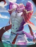 abs anthro bottomwear clothed clothing cloud facial_hair facial_piercing fur hair hands_behind_head jockstrap male navel nipples nose_piercing orange_eyes outside partially_clothed partially_submerged pecs piercing pink_nipples pink_nose purple_body purple_fur purple_tail red_clothing red_shirt red_tentacles red_topwear shirt sky solo standing_in_water tail tentacles topwear tuft underwear water white_body white_bottomwear white_clothing white_fur white_hair white_jockstrap white_underwear ninety_xc sadiend felid mammal hi_res