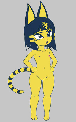 anthro blue_eyes blue_hair bodily_fluids egyptian female flat_chested fur genital_fluids genitals grey_background hair hand_on_hip loli nipples nude open_mouth simple_background solo standing teeth thick_thighs vulva wide_hips yellow_body young young_anthro smolseto animal_crossing nintendo ankha_(animal_crossing) domestic_cat felid feline felis mammal aliasing digital_media_(artwork) hi_res