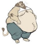 anthro belly big_belly blush chubby_cheeks claws clothed clothing facial_hair fur hand_on_belly male mane moobs morbidly_obese morbidly_obese_anthro morbidly_obese_male navel nipples obese obese_anthro obese_male overweight overweight_anthro overweight_male simple_background solo standing tail tail_tuft thick_thighs toe_claws tuft white_background yasano felid lion mammal pantherine