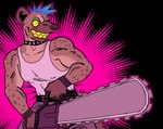 alternate_species alternative_fashion anthro barbell_piercing biped black_background blue_hair chainsaw choker clothing ear_piercing eyeshadow facial_piercing furrification green_eyeshadow hair holding_chainsaw holding_object holding_power_tool holding_tool jewelry makeup male mohawk necklace nipple_outline nose_piercing piercing pink_background power_tool punk sharp_teeth shirt simple_background smile solo studded_choker studded_jewelry studded_necklace studs tank_top teeth tools topwear white_clothing white_shirt white_tank_top white_topwear yellow_eyes yellow_teeth clawheld vampire_the_masquerade hyena mammal
