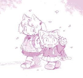 anthro backpack blush clothing duo female kemono leaf open_mouth pigtails school_uniform student tamauri uniform young young_anthro woory domestic_cat felid feline felis mammal monochrome