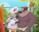 anthro belly black_nose brown_body bulge clothing duo emoji erection genitals grey_body hat headgear headwear male male/male moobs navel nipples open_mouth outside overweight overweight_male penis smile swimwear 06betos11 harvey_beaks nickelodeon kip_dinkly_jr. randl_(harvey_beaks) badger mammal mustelid musteline procyonid raccoon 2025 hi_res