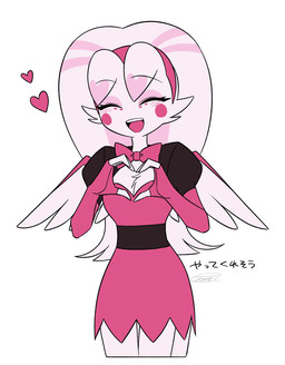 eyes_closed feathered_wings feathers female gesture heart_gesture simple_background solo text white_background wings enaic31 hazbin_hotel hellaverse molly_(hazbin_hotel) angel arachnid arthropod humanoid spider hi_res japanese_text translated